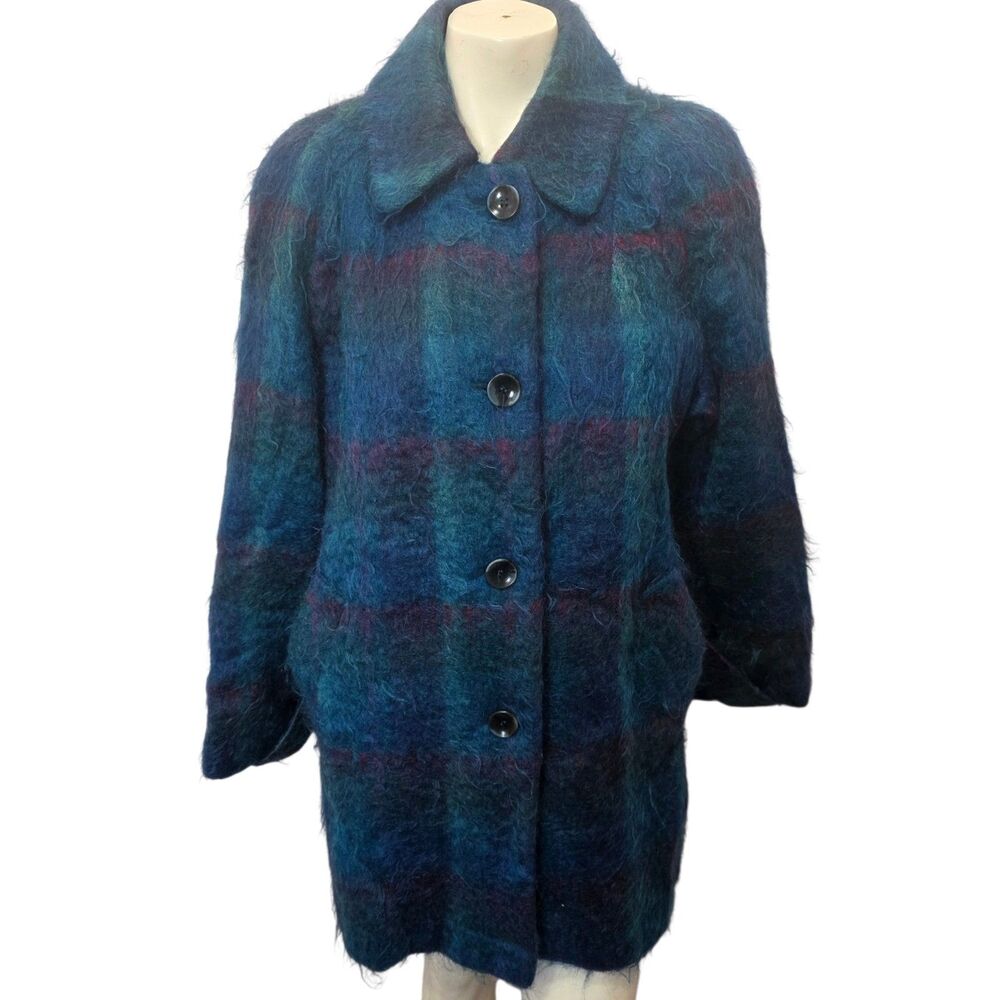 Vintage Loring Mohair Wool Plaid Coat Blue Purple‎ Fuzzy Oversized USA